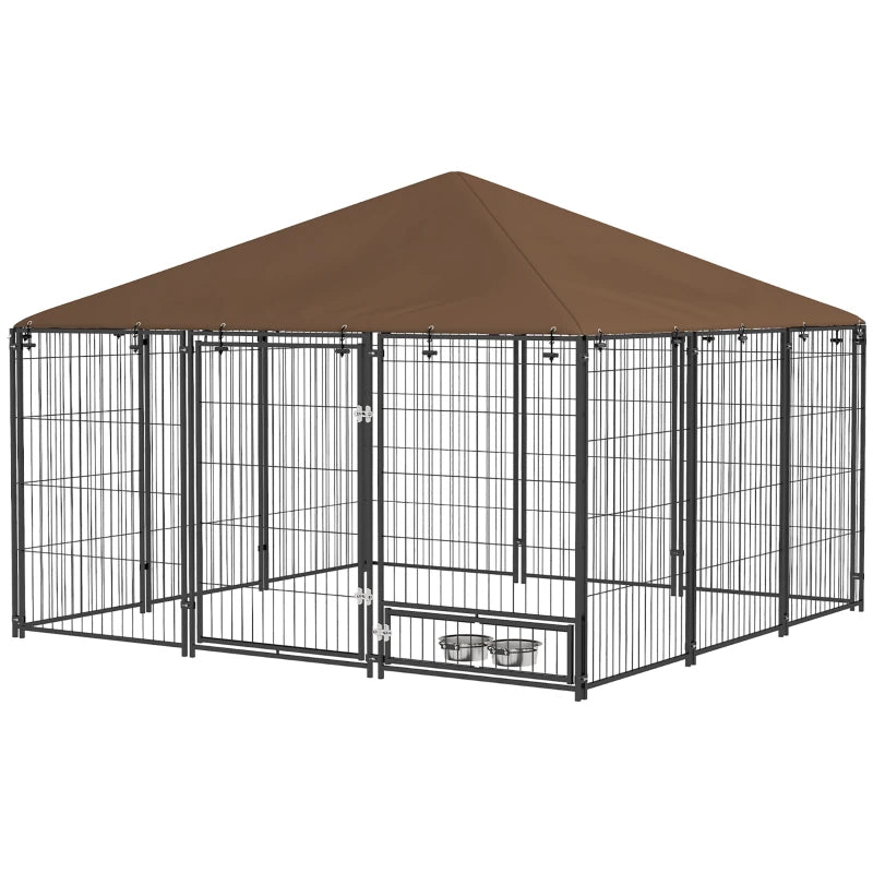 English Elm Pet Kennel Outdoor Steel Frame Dog Playpen with Oxford Roof and Built in Feeding Bowls T3971P456117