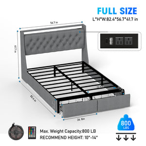 English Elm Full Linen Upholstered Bed with Led Headboard Storage Shelf and Usb Charging Port T3963P447144