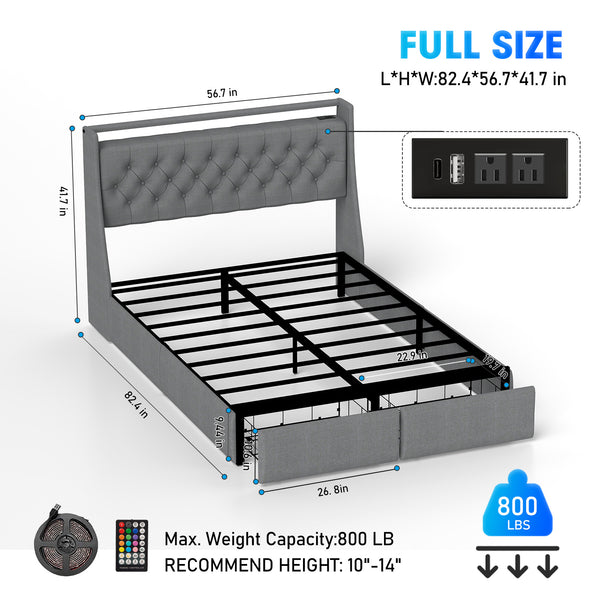 English Elm Full Linen Upholstered Bed with Led Headboard Storage Shelf and Usb Charging Port T3963P447144