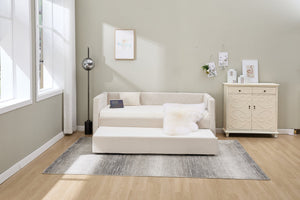 English Elm Beige velvet daybed with diamond-grid pull-out trundle, modern sturdy wood frame for guests and lounge W1361S00031