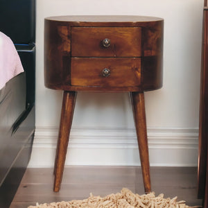 English Elm Solid Mango Wood Mini Nightstand With 2 Drawers, Nordic Tapered Legs & Charming Chestnut Finish B182P186262-GIGA