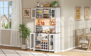 English Elm 70.9" Farmhouse Hutch Pantry with Led Lighting Wine Rack Mesh Doors and Built-in Power White CH361426AAK
