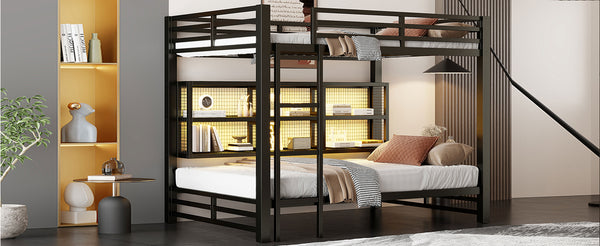 English Elm Metal Queen over Queen Bunk Bed with Storage Cabinets, LED Lighting, Sturdy Black Metal Frame, Space-Saving Design N7090000672B