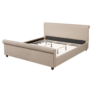 English Elm King Upholstered Bed Linen Fabric Rolled Headboard Rubberwood Legs Primary Bedroom Sand N757K384825S