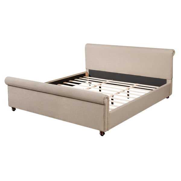 English Elm King Upholstered Bed Linen Fabric Rolled Headboard Rubberwood Legs Primary Bedroom Sand N757K384825S