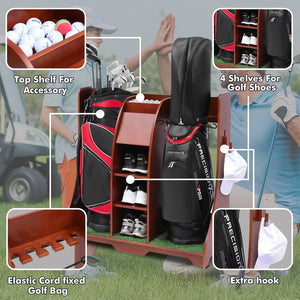 English Elm Wood Golf Storage Rack with Turf Accents Four Shelves and Bag Bay for Garage B205P298024