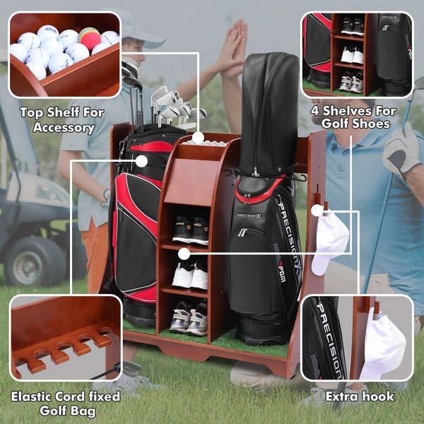 English Elm Wood Golf Storage Rack with Turf Accents Four Shelves and Bag Bay for Garage B205P298024