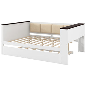 English Elm Twin Pine Wood Daybed with Trundle Upholstered Backrest Storage Shelf and Usb Port N7090002233K