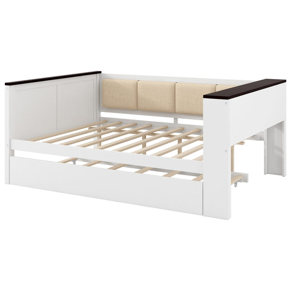 English Elm Twin Pine Wood Daybed with Trundle Upholstered Backrest Storage Shelf and Usb Port N7090002233K