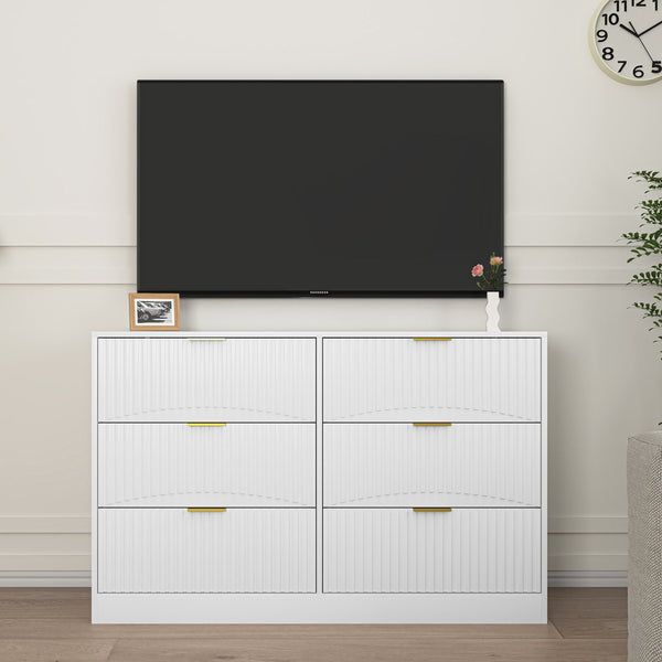 English Elm Modern Six Drawer Chest with Wavy Textured Fronts Sleek Matte Storage for Any Room White W409P307526