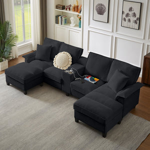 English Elm 120" Modular Corduroy Sectional Sofa Bed with Storage, U-Shaped 4-Seater, Cup Holders & Console Black W1359S00013