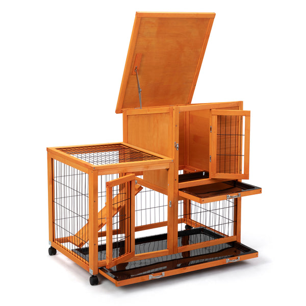 English Elm Detachable Two-tier Pine Rabbit Hutch with Rolling Casters and Removable Waste Trays Orange W2181P190616