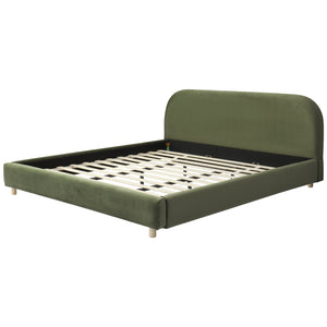 English Elm King Platform Bed Curved Boucle Upholstered Headboard Solid Rubberwood Legs Modern Bedroom N757P411870V