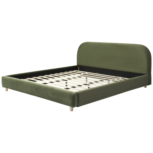 English Elm King Platform Bed Curved Boucle Upholstered Headboard Solid Rubberwood Legs Modern Bedroom N757P411870V
