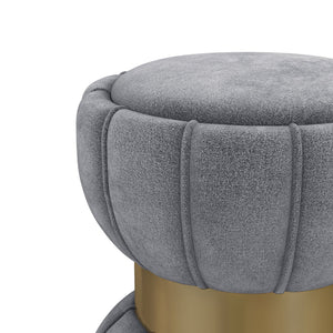 English Elm 1pc Chic Round Upholstered Ottoman Pouf Velvet Soft Vertical Piping Hourglass Silhouette Metal Band Trim Gold,Grey 18 L x 15.5 W x 15.5 H B011P362630