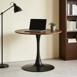 English Elm 31.5" Round Mdf Pedestal Dining Table Mid-century Modern Sculpted Base Seats Four Black + Dark Walnut W234P405179