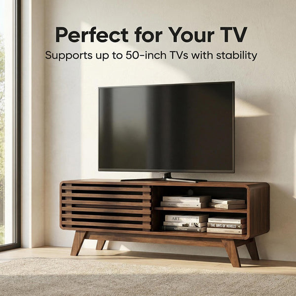 English Elm Tv Stand with Louvered Sliding Doors Tapered Legs Walnut Media Console W3204P465917