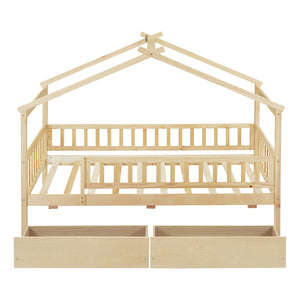 English Elm Twin House Bed Pine Wood Frame with Storage Drawers Kids Bedroom Playful Design Natural WF302181AAN