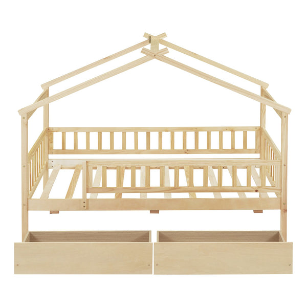 English Elm Twin House Bed Pine Wood Frame with Storage Drawers Kids Bedroom Playful Design Natural WF302181AAN
