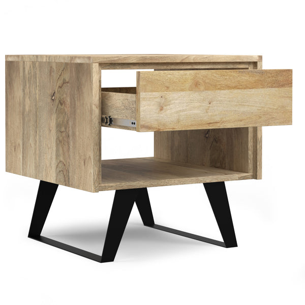 English Elm Lowry Natural Mango Wood End Table with Drawer, Modern Industrial Metal Legs, 22" Square Accent B136P203451