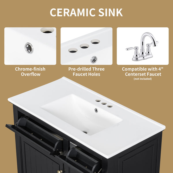 English Elm 36 Inch Bathroom Vanity With Ceramic Sink Top, Solid Wood Frame & Smart Storage Solutions For Style N725P336554B