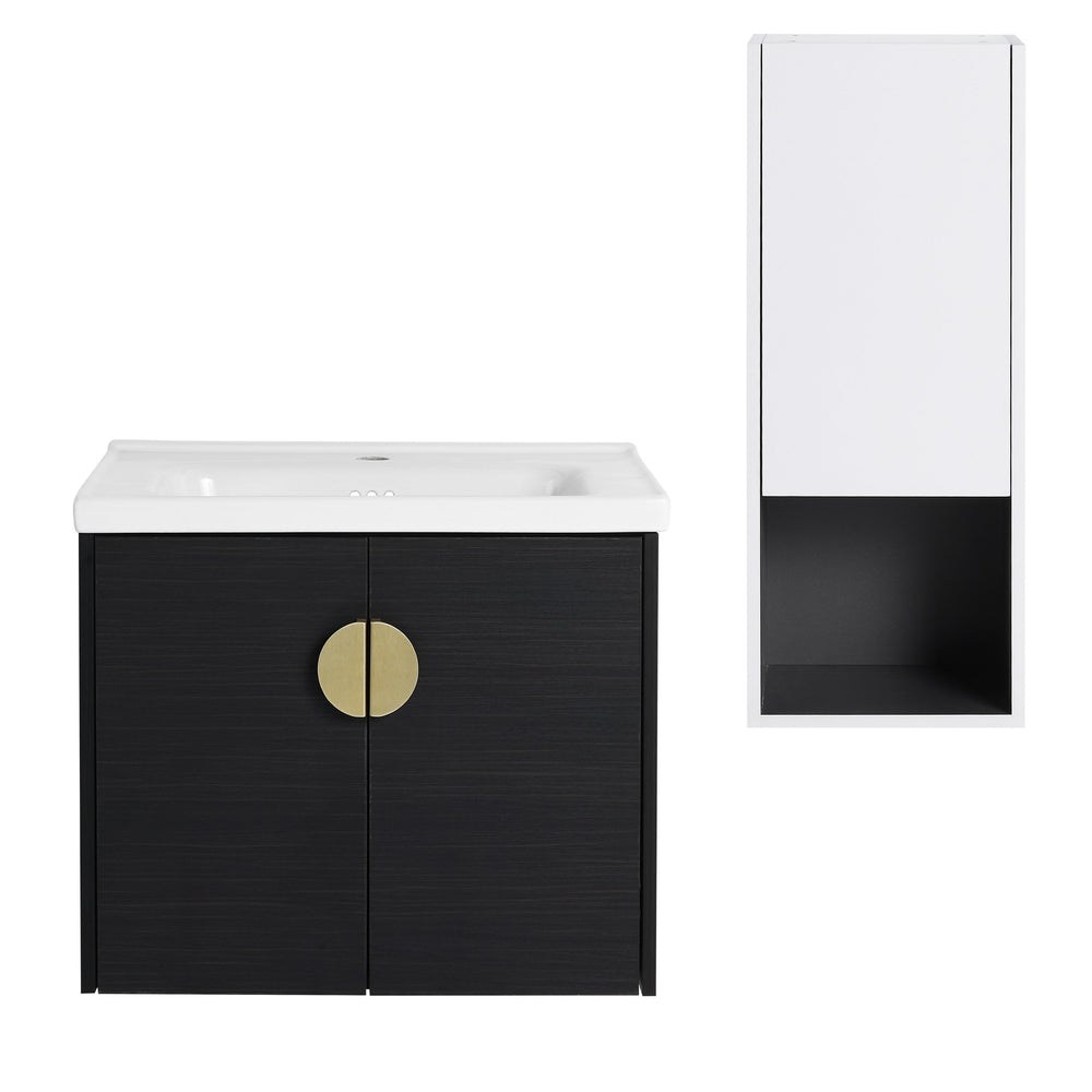 English Elm 24" Wall-Mounted Bathroom Vanity With Ceramic Sink & Side Cabinet - Soft Close Doors, Stylish Storage W999S00328