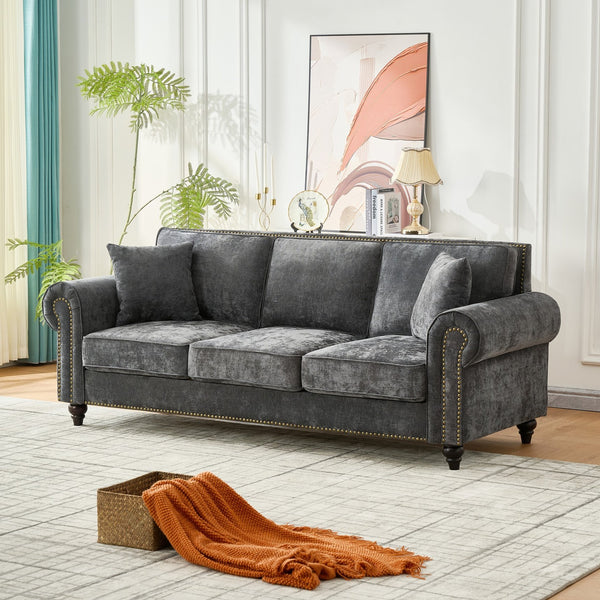 English Elm 86" Modern 3-Seater Sofa with Rolled Arms Chenille Upholstery, Nailhead Trim, Solid Wood Base for Living Room Comfort and Durability Gray W3373S00017
