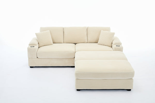 English Elm Corduroy Upholstered Chaise Lounge Sofa with Movable Ottoman, Cup Holder, Deep Seat Comfort Beige W2120S00008