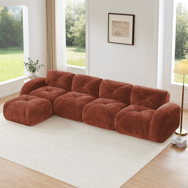English Elm L-shaped Modular Velvet Sectional Tufted Cloud Sofa with Ottoman for Living Room Red+Brown W714S01610