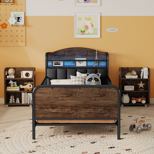 English Elm Twin Solid Wood Platform Bed with Guardrail for Kids, Low-Profile Sturdy Pine Frame, Safe Sleep Solution Black 45.87 L x 17.72 W x 11.22 H W2593P337457