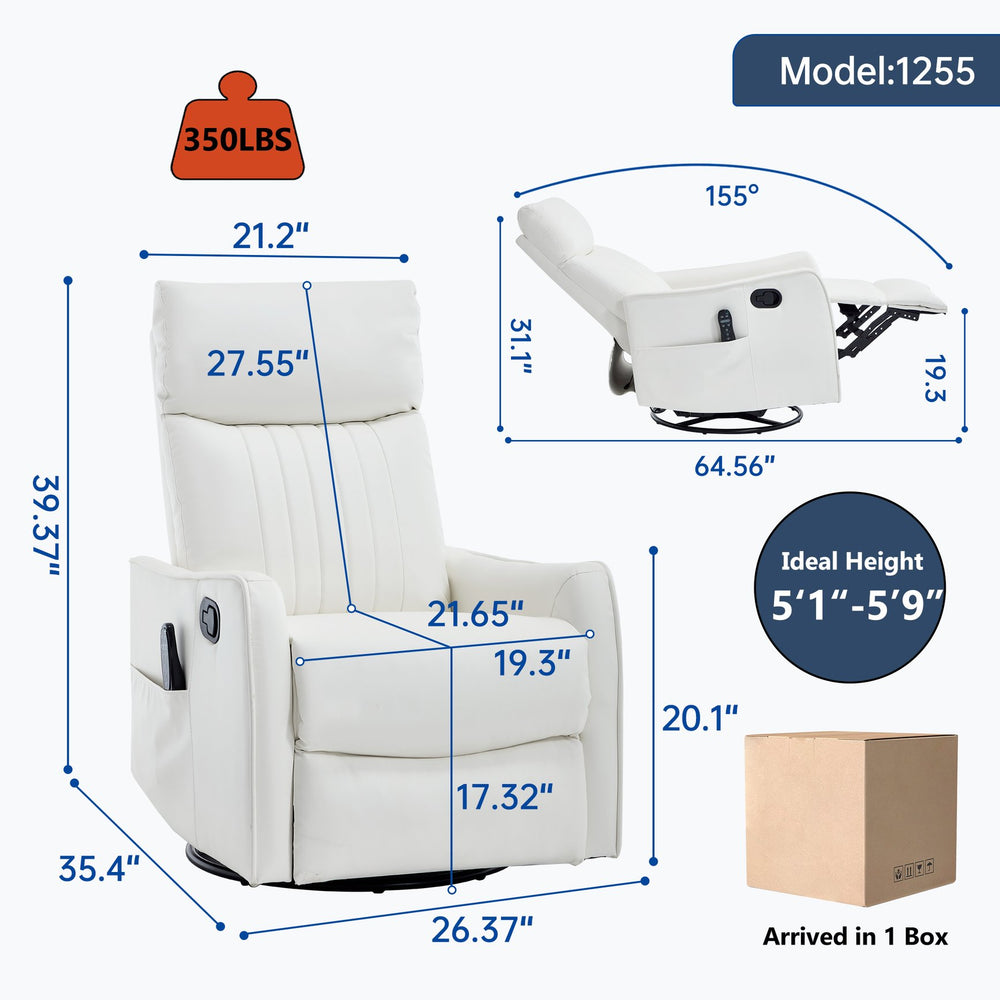 English Elm Beige Fabric Swivel Rocker Recliner with Massage Nodes and Lumbar Heat for Living Room White W1803P363432
