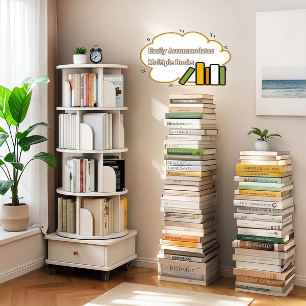 English Elm 5 Tier Rotating Bookshelf with 360° Spin, Locking Wheels, Stable Base & Drawer Storage for Home W3204P309488