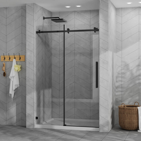 English Elm Goodyo 48"X72" Frameless Shower Door Combo With Acrylic Base, Tempered Glass & Matte Black Hardware W1223S00028