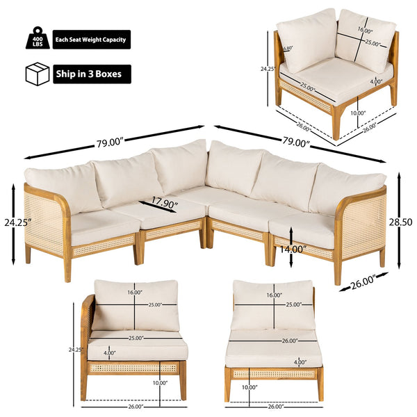 English Elm Kirkby Acacia Wood Outdoor Sectional V Shape Woven Cane 5 Seat Patio Sofa Set KIRKBY5SEATER SOFA