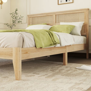 English Elm Queen Size Solid Rubberwood Bed With Rattan Headboard – Durable, Stylish & Space-Saving Design! W504P184305-GIGA
