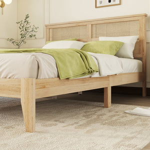 English Elm Queen Platform Bed Solid Rubberwood Arched Rattan Headboard Natural Boho Bedroom W504P380560
