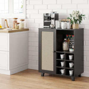 English Elm Rattan Cane Front Sideboard with Drawers Adjustable Shelf Bohemian Storage Cabinet Black T3623P434767