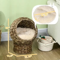 English Elm Basket Weave Cat Bed Elevated Water Hyacinth Woven Bohemian Nest with Flannel Cushion T3971P437364