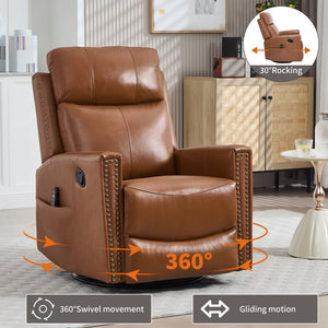 English Elm Deep Ochre Genuine Leather Swivel Rocker Recliner with Massage Heat for Living Room W1803P323711