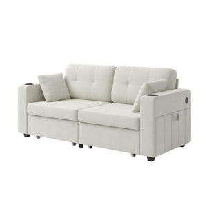 English Elm Sofas for Living Room Chenille Three Seat Couch with Usb Charging Storage and Cup Holder Beige W395S00142