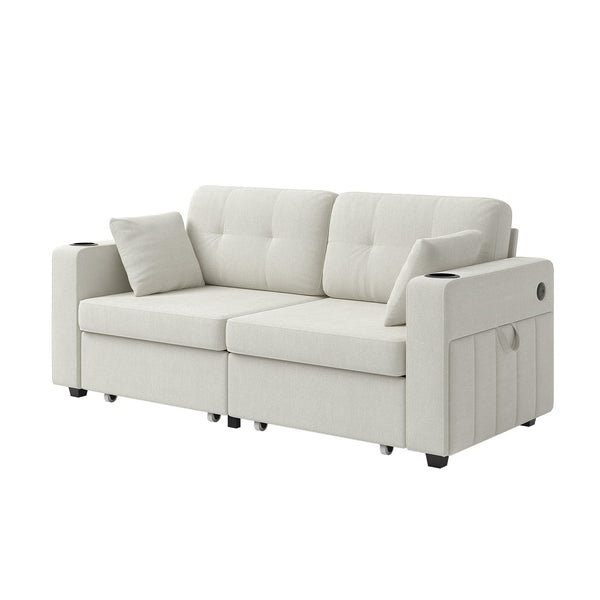 English Elm Sofas for Living Room Chenille Three Seat Couch with Usb Charging Storage and Cup Holder Beige W395S00142