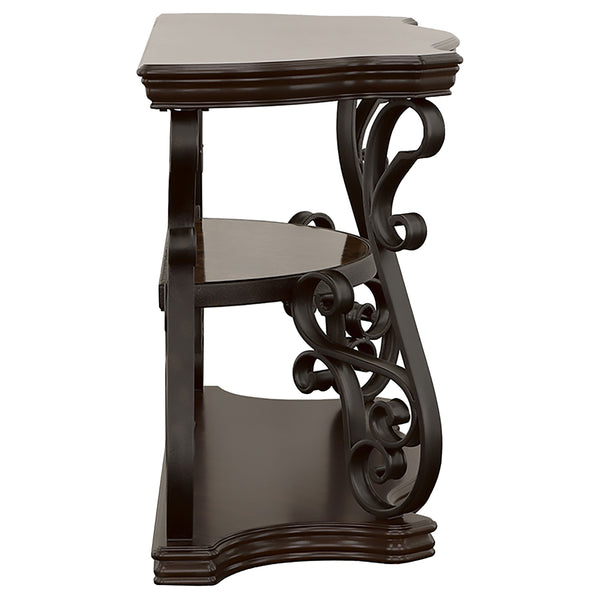 English Elm Gretta Merlot console table with bronze scrollwork legs, polished wood shelves, elegant hallway focal piece B062P333395