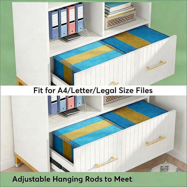 English Elm Practical Gold Frame File Cabinet with Open Shelving and Wood Tone Mdf Panels T3971P449088