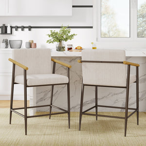 English Elm Christopher Knight Home® - Counter Stool Mid-Century Modern Set of 2 with Metal Frame, Soft Cushions & Solid Wood Armrests Beige,Espresso N771P247153M