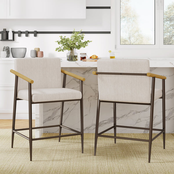English Elm Christopher Knight Home® - Counter Stool Mid-Century Modern Set of 2 with Metal Frame, Soft Cushions & Solid Wood Armrests Beige,Espresso N771P247153M