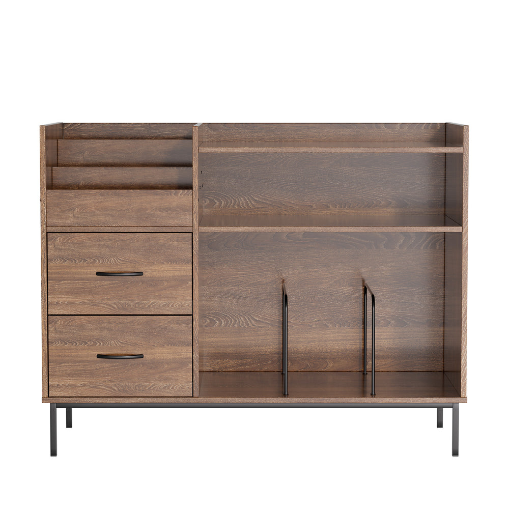 English Elm Record Player Stand with Flip-Down Lid, Built-In Power & USB, Dust-Protecting Turntable Console for 300+ Vinyls Brown W2735P332344