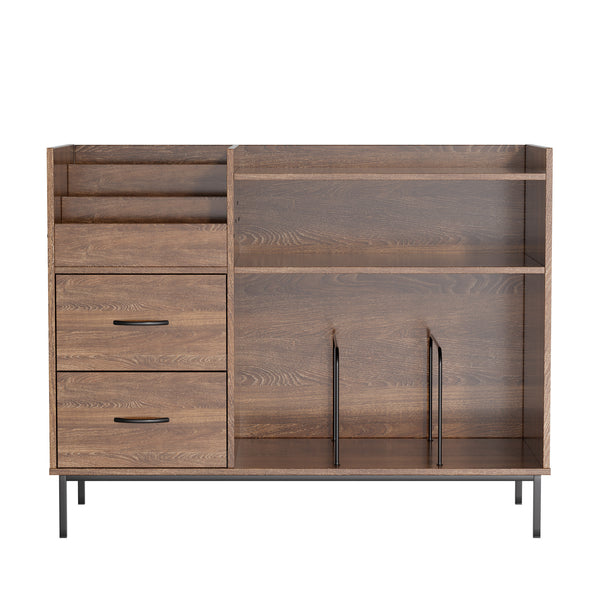 English Elm Record Player Stand with Flip-Down Lid, Built-In Power & USB, Dust-Protecting Turntable Console for 300+ Vinyls Brown W2735P332344