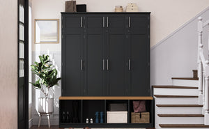 English Elm Wood Entryway Hall Tree with Bench Seating Coat Hooks Shoe Cubbies Cabinet Black W5271S00003