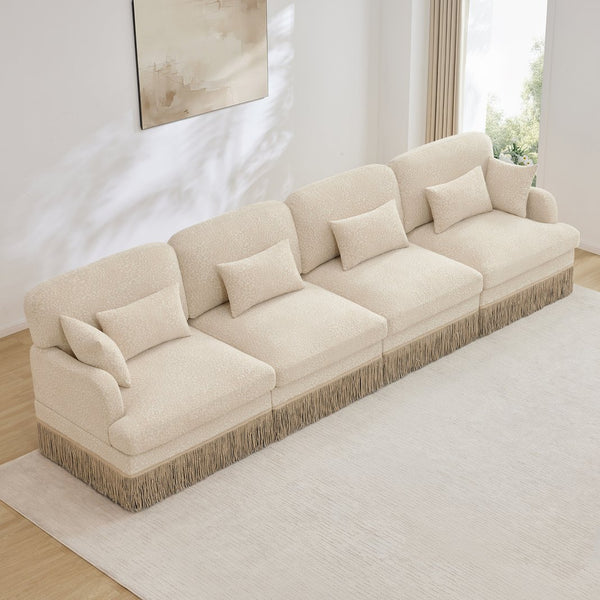 English Elm 131" Chenille Leopard Sectional Sofa Modular 4 Seat Deep Cushion Tassel Trim Beige W5656S00007