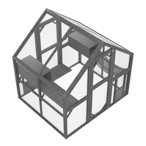 English Elm Cat, Outdoor Wood Enclosure Multi-level Shelter with Platforms Resting Boxes Waterproof Canopy W1598S00039